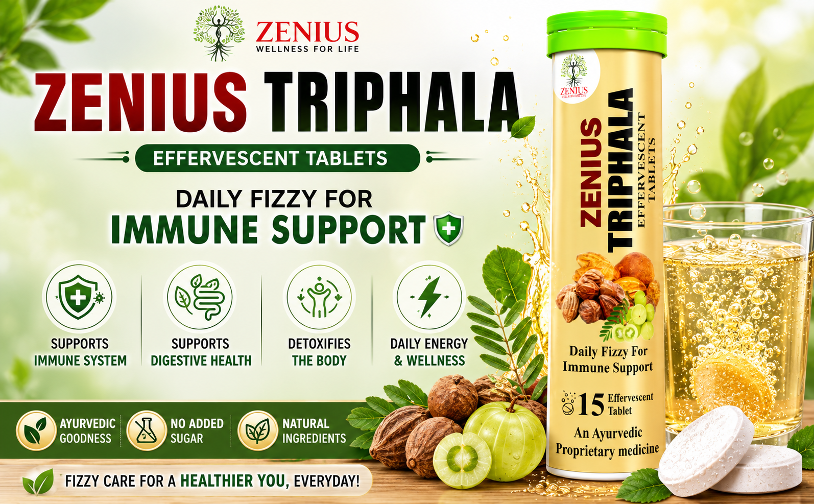 Zenius Triphala Effervescent Tablets, 15 Tablets