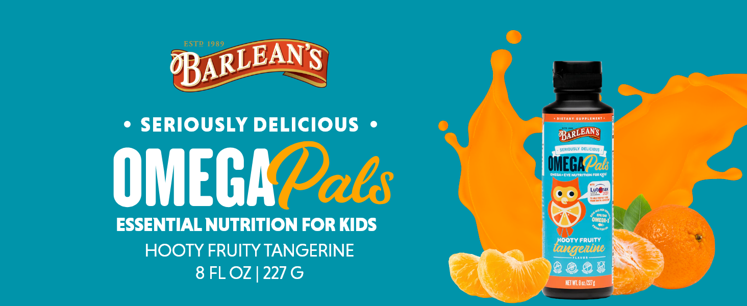 Barlean's Omega Pals Eye Health Liquid, Tangerine Flavored Omega 3 for Kids, Fish Oil Supplement with 500 mg of EPA & DHA Plus Lutein & Zeaxanthin Vitamins for Blue Light Support, 8 oz