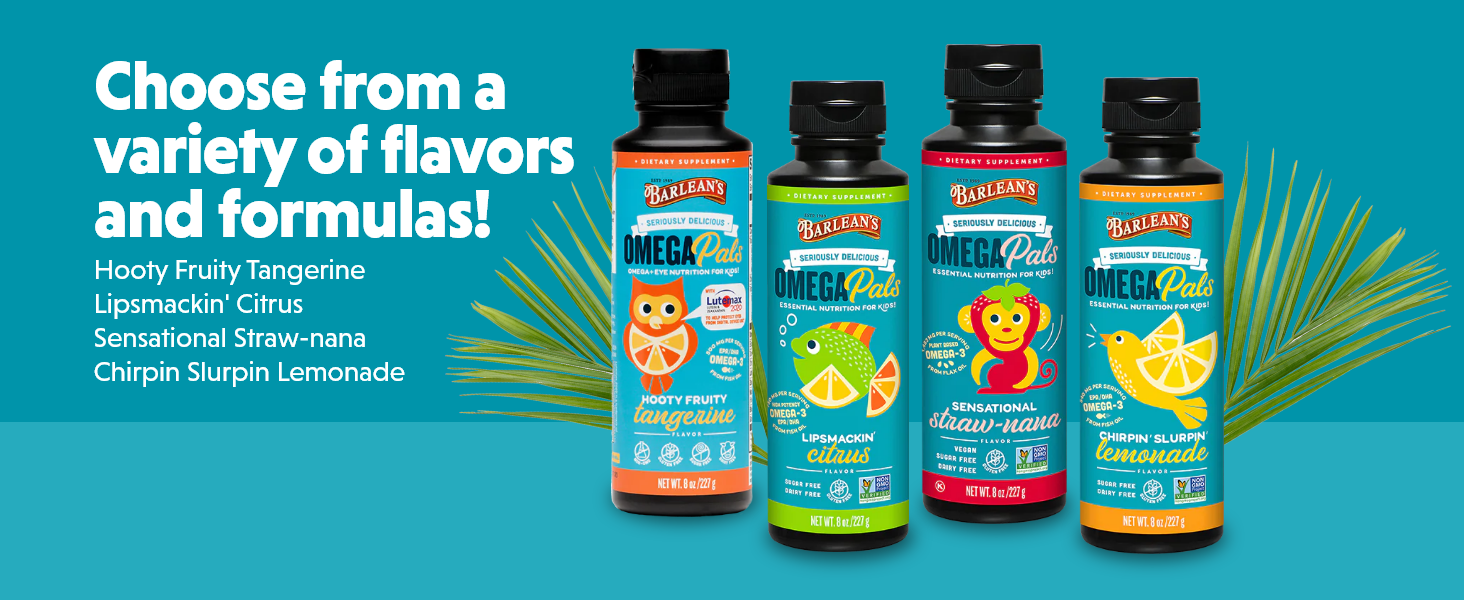 Barlean's Omega Pals Eye Health Liquid, Tangerine Flavored Omega 3 for Kids, Fish Oil Supplement with 500 mg of EPA & DHA Plus Lutein & Zeaxanthin Vitamins for Blue Light Support, 8 oz