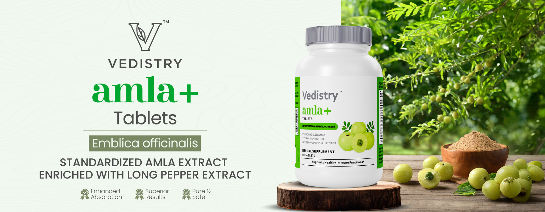 Vedistry Amla Supplement 1100mg Indian Gooseberry Tablet with Long Pepper for Immunity & Energy Herbal Supplement Rich in Vitamin C & Antioxidant for Hair Growth, Energy & Overall Wellness– 60 Tablets