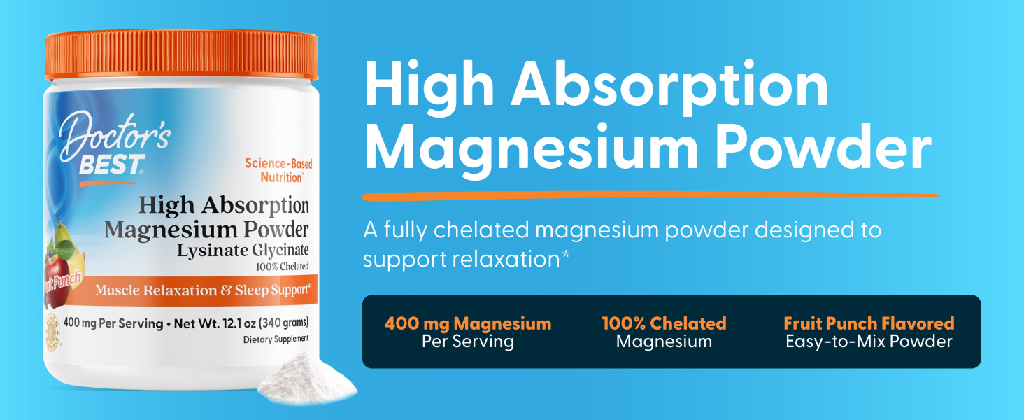 Doctor's Best Magnesium Glycinate Powder, Fruit Punch Flavor, 12.1 oz