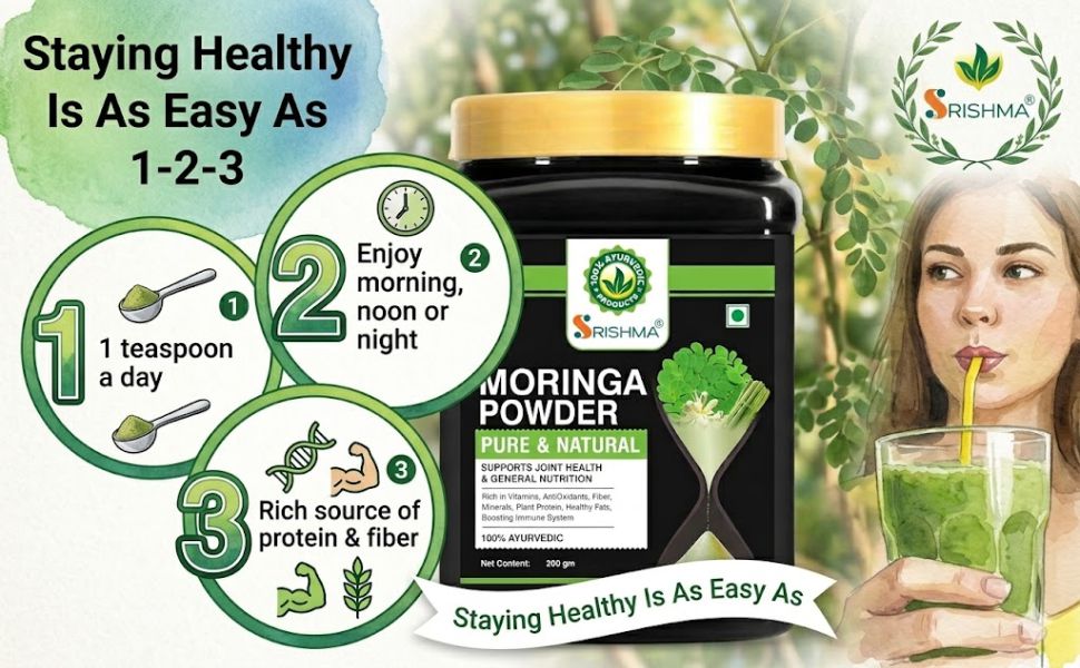 Moringa Powder 200g | 100% Pure & Natural Ayurvedic Moringa Leaf Powder | Rich in Vitamins, Antioxidants & Fiber | Supports Immunity, Joint Health, Skin & Hair Care | Herbal Superfood Supplement