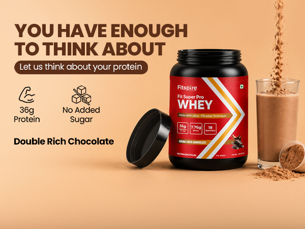 Fitspire Fit Super Pro Whey Protein Powder, Double Rich Chocolate, With Shaker | Whey Isolate & Concentrate Blend | 36g Protein per 100g | Enzymes & Probiotics | Supports Muscle Growth & Recovery | No Added Sugar
