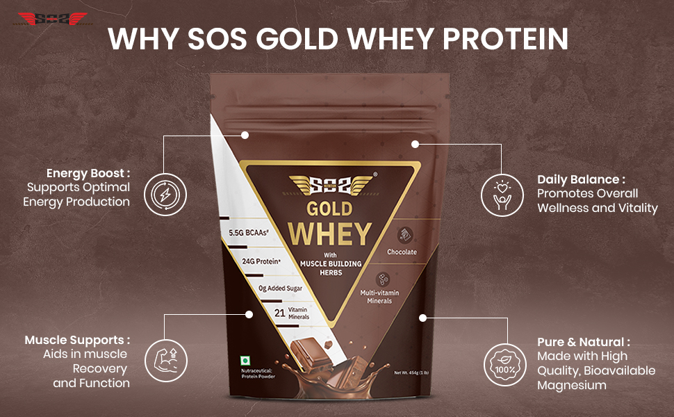 SOS Nutrition Gold Whey Protein Powder (Chocolate 454g) (Pack of 2) For Men Women 24g Whey Protein in 2 Scoop, 5.5g BCAAs, 30 Serving, Ashwagandha, Musli, Faster Muscle Recovery