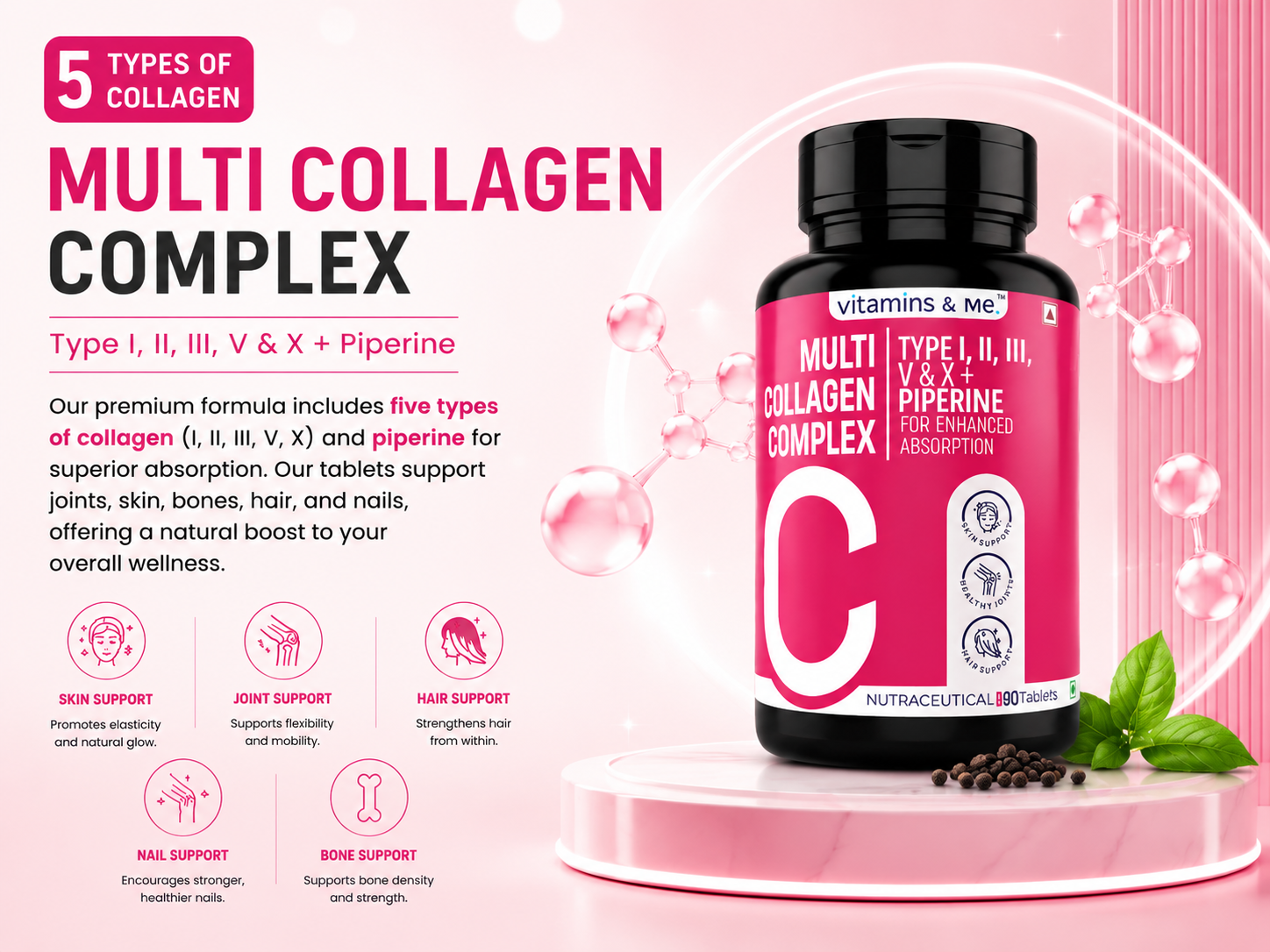 Multi Collagen Tablets for Women & Men – 5 Types of Collagen (I, II, III, V & X) | Skin Glow, Hair, Nails, Bones & Joint Support | Hydrolyzed Peptides + Black Pepper for Absorption – 60 Tabs