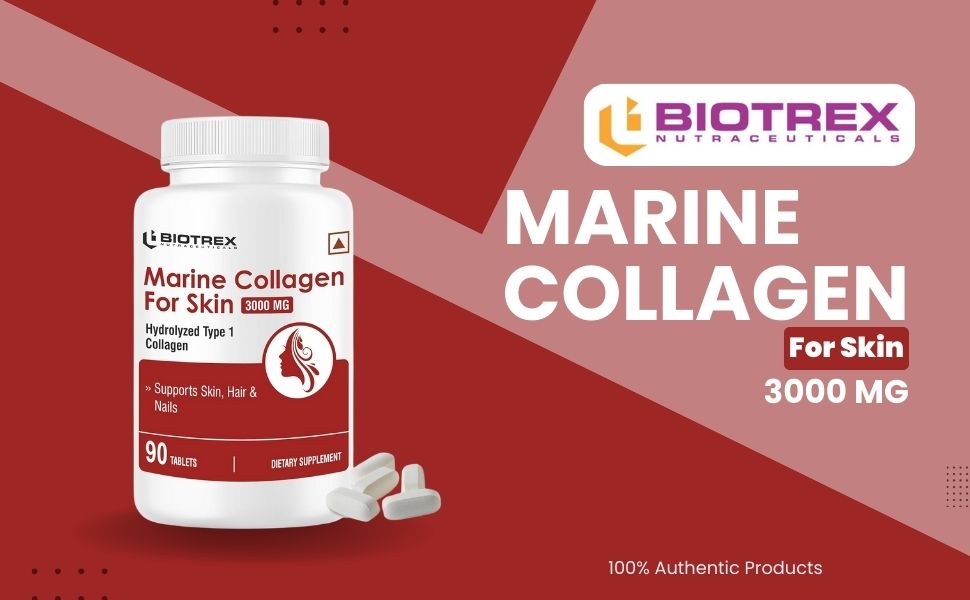 Biotrex Nutraceuticals Marine Collagen 3000mg Peptides With Biotin, Hyaluronic Acid, Vitamin C & E, Type 1 Marine Collagen, Healthy Hair, Skin, Nails, For Men & Women - 90 Tablets