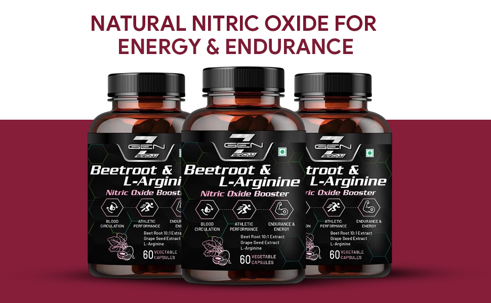 Beetroot and L-Arginine Capsules, Helps Support Nitric Oxide Production, Blood Pressure, Heart Health, Contains Non-GMO Beetroot Powder, Grape Seed Extract (60 Caps, Pack of 1)
