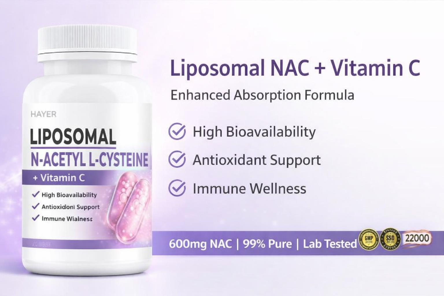 HAYER Liposomal NAC Supplement 600mg with Vitamin C — N-Acetyl Cysteine for Lung & Liver Detox, Antioxidant & Immune Support, High Absorption, Sugar Free, for Men & Women, 60 Tablets