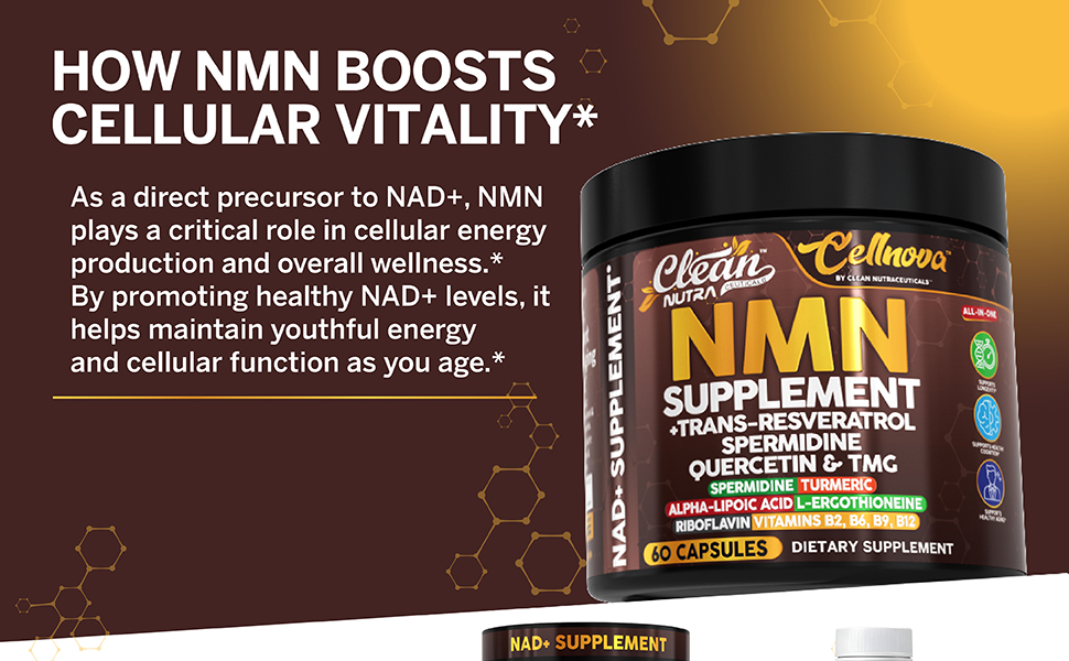 Clean Nutra NMN Supplement 500mg Trans Resveratrol Spermidine Quercetin TMG CoQ10 Complex — Cellnova NAD+ Support All-in-One Longevity Stack for Men and Women — 60 Vegetarian Capsules