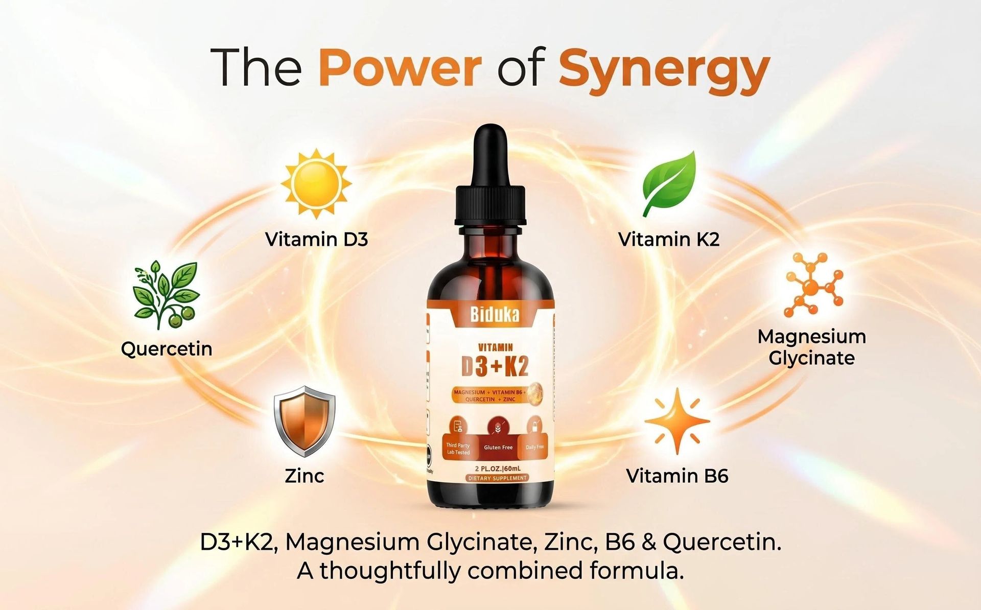 Organic Vitamin D3 K2 Magnesium Liquid Drops, 6 in 1 with Zinc, Vitamin B6 & Quercetin