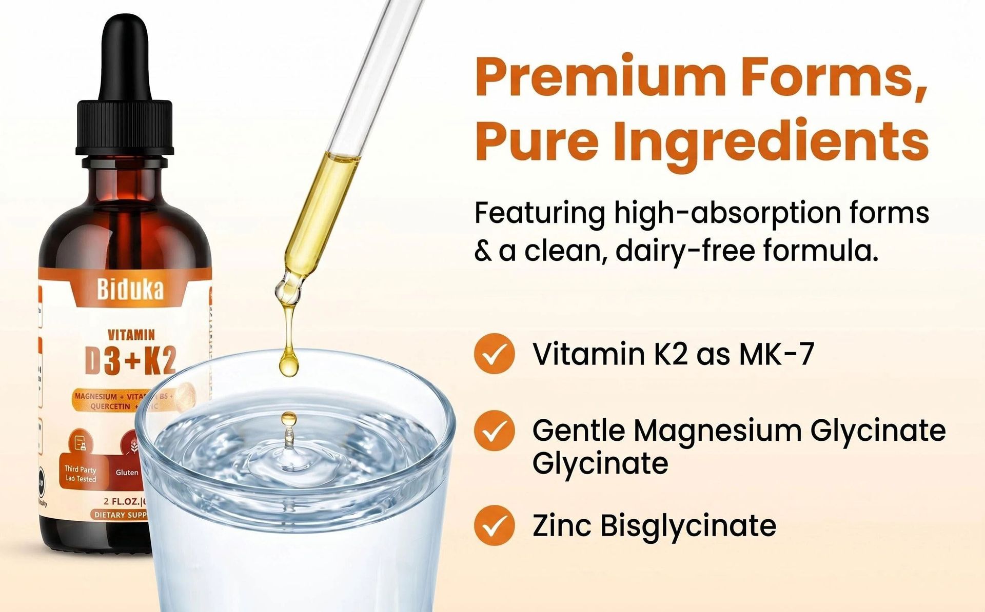 Organic Vitamin D3 K2 Magnesium Liquid Drops, 6 in 1 with Zinc, Vitamin B6 & Quercetin