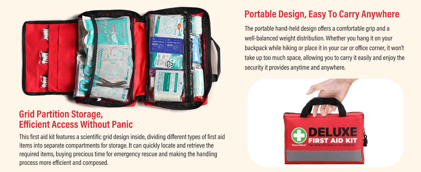 SuccorWare 380 Pieces Deluxe First Aid Kit Compact Trauma Medical Kits with Assorted Bandages, Instant Cold Pack, Emergency Blanket for Home, Travel, Office, Camping, Vehicle, Emergency Kits(Red)
