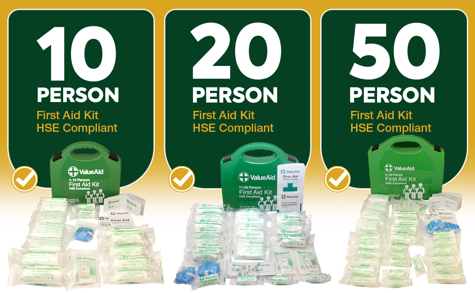 Value Aid HSE Compliant First Aid Kit for Workplace, Home & Car - CE Marked Contents, Double-Clasp Case with Handle - Complete Set for 1-10 People Includes Plasters, Bandages & Medical Supplies