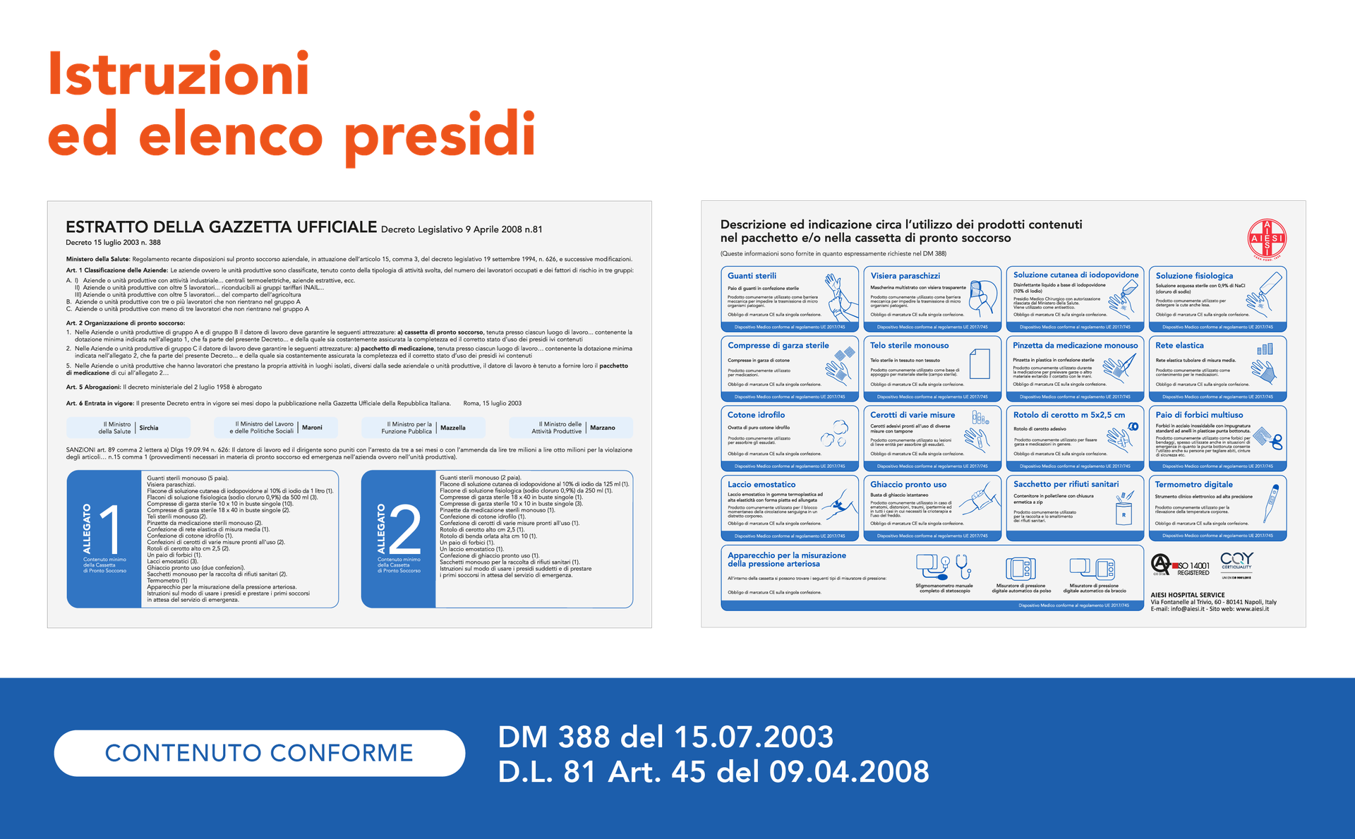 AIESI Medical First Aid Box Attachment 1 with Blood Pressure Monitor for Companies Plus 3 Employees, Aluminium Sign, DM388/DL81 Compliant, Made in Italy