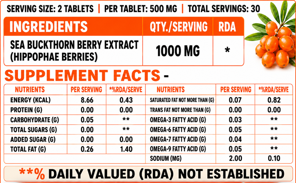 Sea Buckthorn 1000mg Himalayan Seabuckthorn Berry Extract Omega 7 3 6 9 Fatty Acids Antioxidant Supplement for Skin & Immunity 120 Veg Tablets (Pack of 2 — 60-Day Supply)