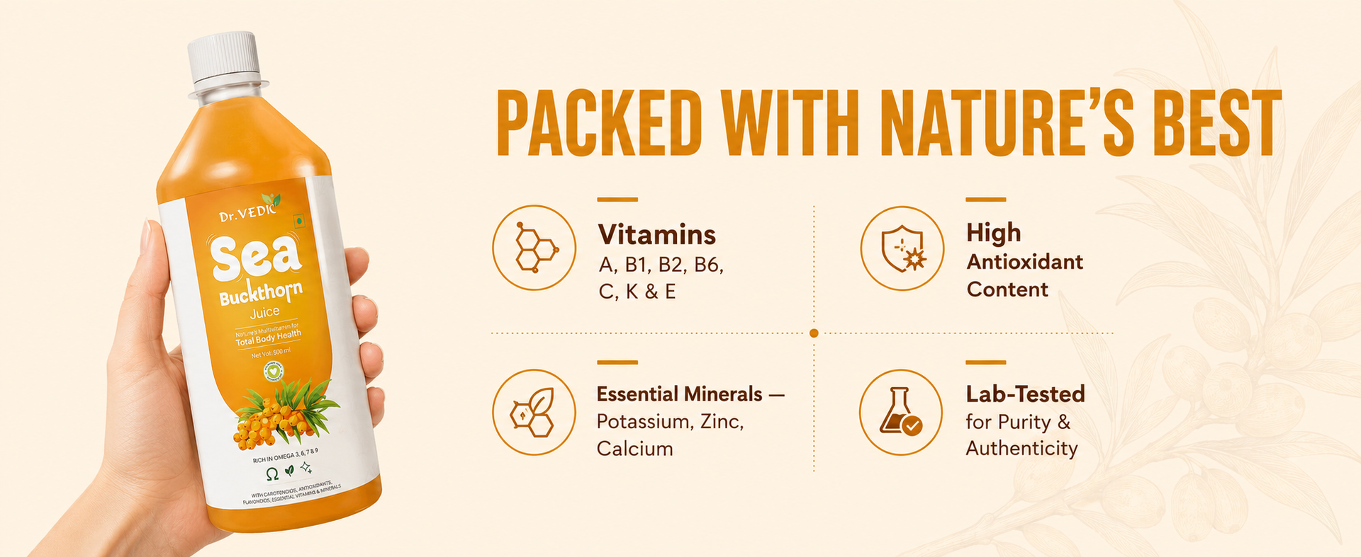 Dr Vedic Himalayan Sea Buckthorn Juice 500ml | Cold-Pressed Pulp Concentrate | Rich in Natural Vitamin C, Omega 3-6-7-9 & Antioxidants | Supports Immunity, Skin Radiance & Gut Health | Herbal Superfruit Supplement (Pack Of 2)