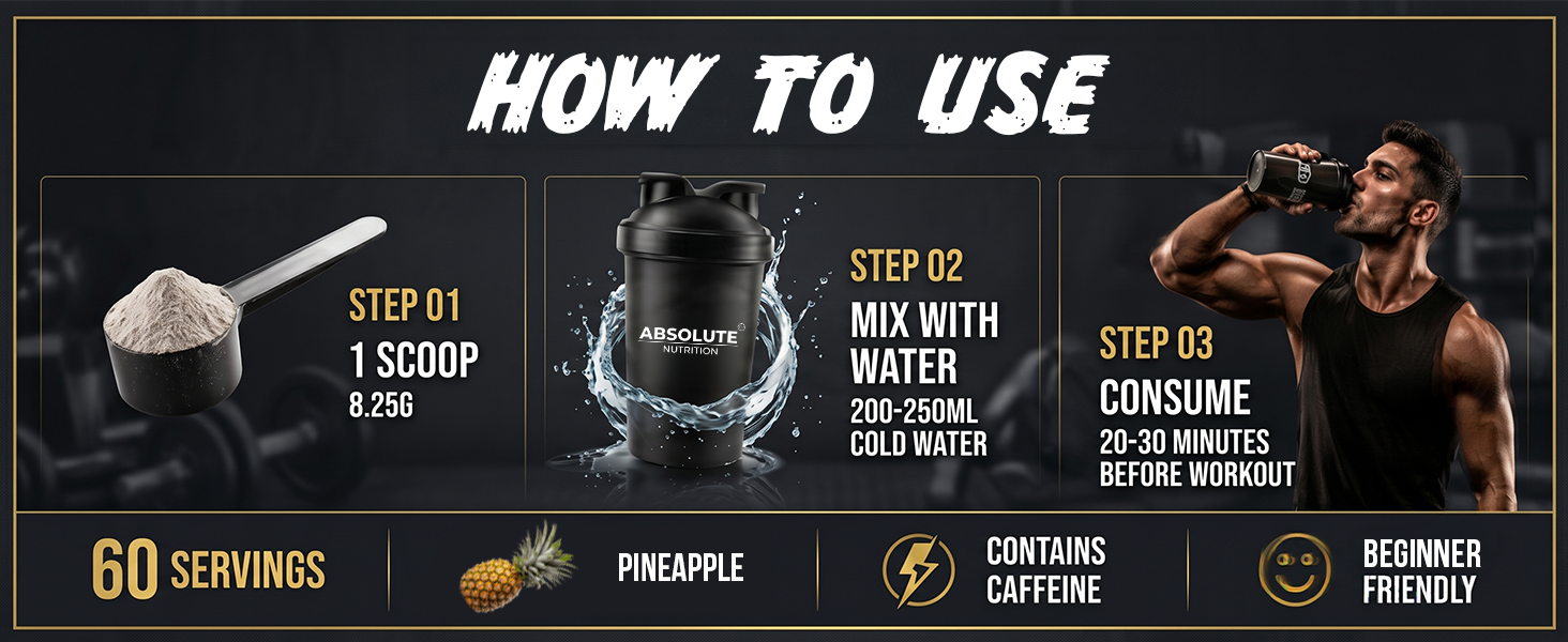 Absolute Nutrition SHROOMS Pre Workout Powder (60 Servings, 500g) | With Beta Alanine, L-Citrulline DL-Malate 2:1, Cocoa Bean Extract & Bitter Orange| (Pineapple)