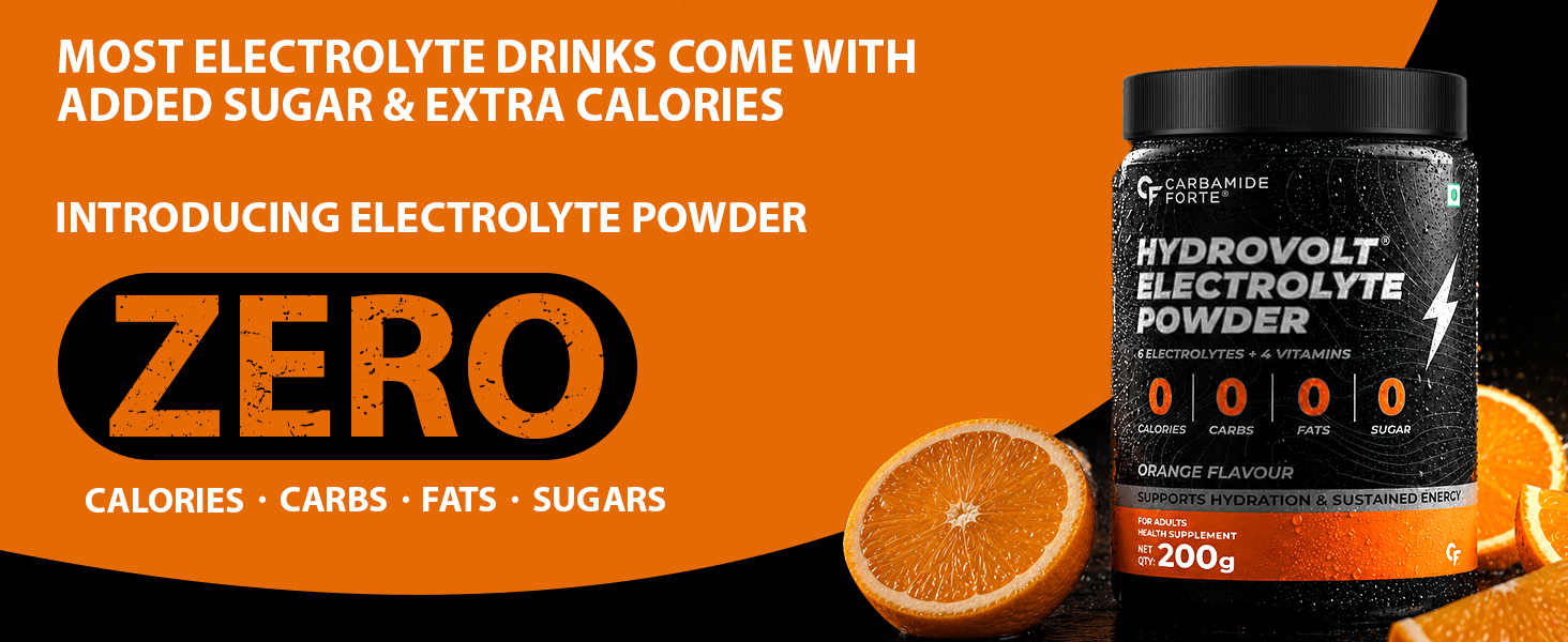 Carbamide Forte Electrolytes Powder - 200g | Hydration Drink Mix with 5 Essential Electrolytes, 400mg Glutamine & Taurine | Electrolytes for Gym, Daily Hydration, Sports, Travel & Workout | Orange Flavour