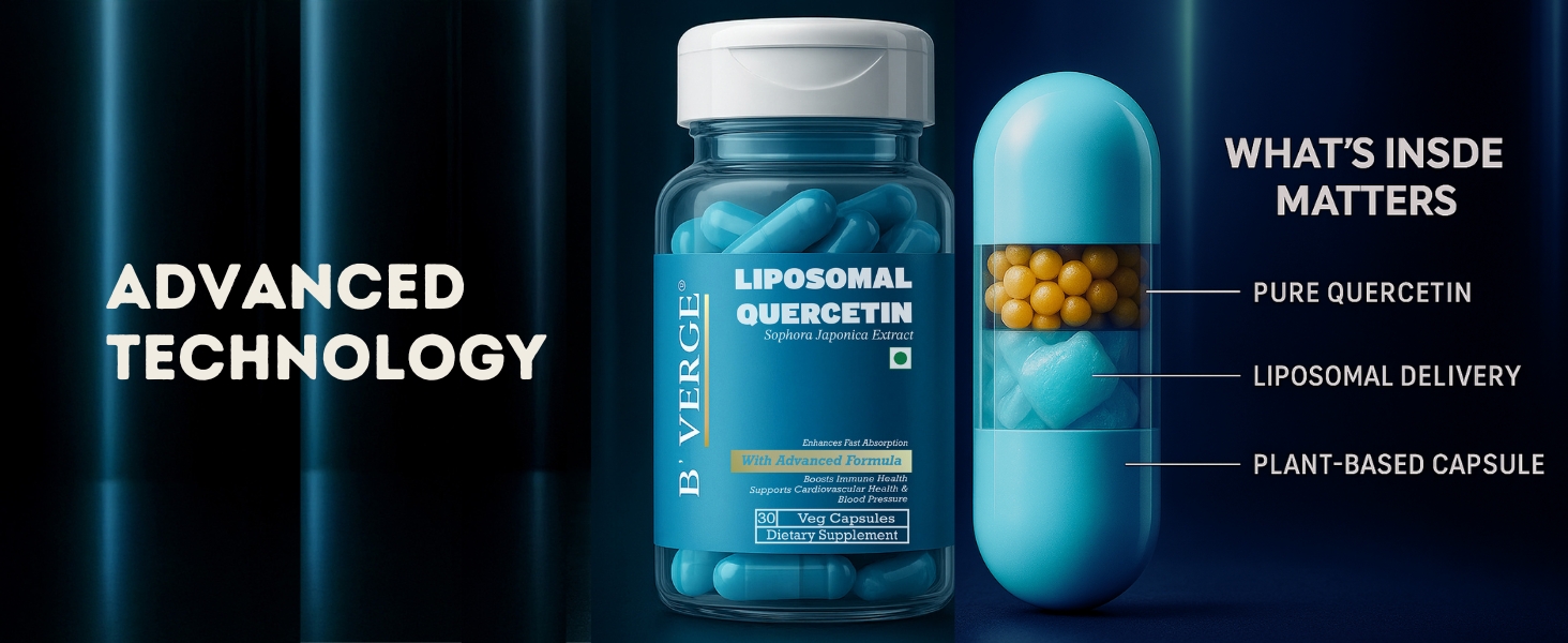 B'VERGE Liposomal Quercetin 100mg – Premium Antioxidant Support for Respiratory, Heart & Joint Health – Vegan, Non-GMO Capsules – 30 Capsules (Microbial & Heavy Metal Tested)