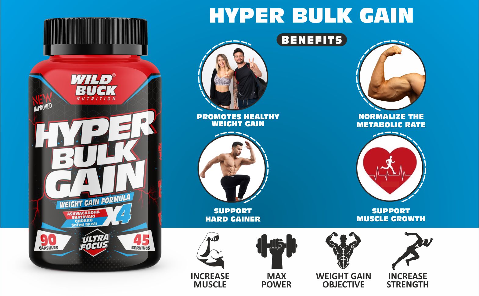 WILD BUCK Hyper Bulk Gain Mass & Weight Gainer Capsule For Fast Weight & Muscle Gain,Daily Muscle Building Weight Supplement For Muscle Growth,Stamina & Strength,For Men & Women- 90 Cap,1 Count