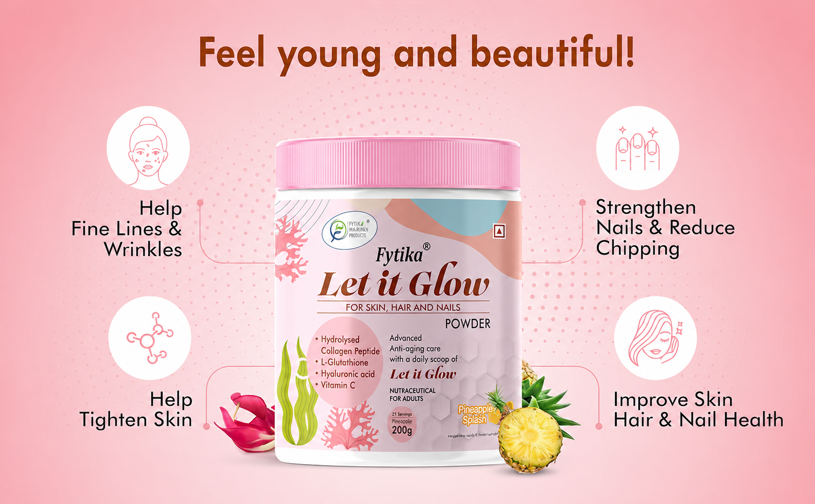 Fytika Let It Glow - 200g (Pineapple, Pack of 1) Marine Collagen Supplement for Men & Women|L- Glutathione, Vitamin C, Sesbania Agati Extract| Helps support healthy skin, hair and nails.