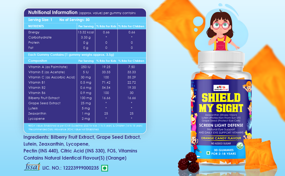 Growfitz Eye Defense Gummies with Lutein & Zeaxanthin | Reduces Digital Strain | Orange Flavor 30 Gummies | Eye Vision Support Supplement for Kids, Men & Women | Natural Ingredients, Multivitamins