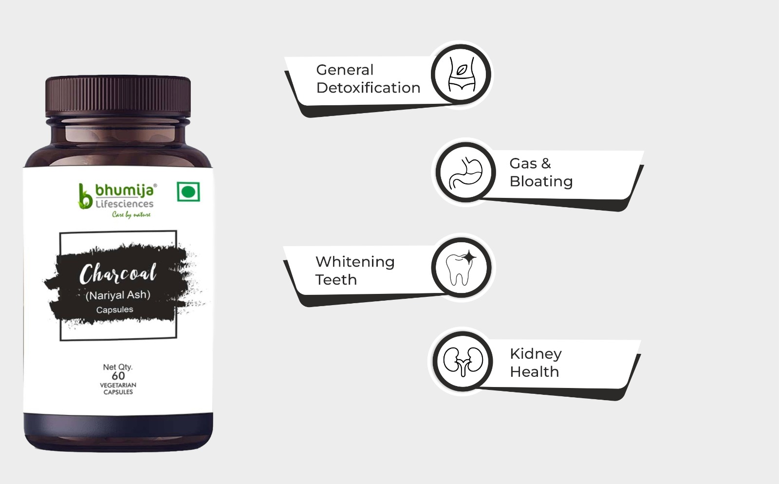 Bhumija Lifesciences Activated Charcoal 500mg Veg Capsules (60 Count) | Coconut Shell Based Natural Detox Supplement | Supports Gut Health, Digestive Cleanse, Gas & Bloating Relief (Pack of 1)