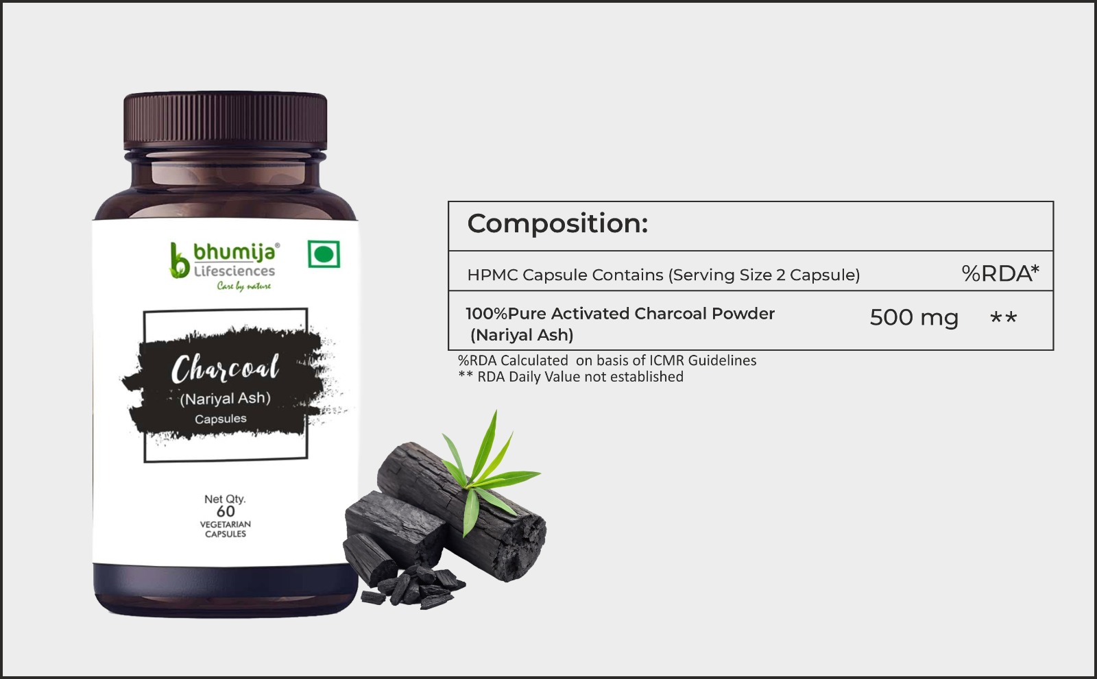 Bhumija Lifesciences Activated Charcoal 500mg Veg Capsules (60 Count) | Coconut Shell Based Natural Detox Supplement | Supports Gut Health, Digestive Cleanse, Gas & Bloating Relief (Pack of 1)