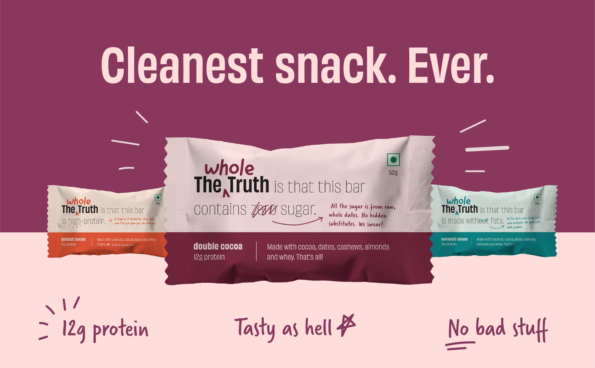 The Whole Truth - Protein Bars | Double Cocoa | Pack of 6 x 52g each | No Preservatives | No Artificial Sweeteners | No Gluten or Soy | All Natural Ingredients