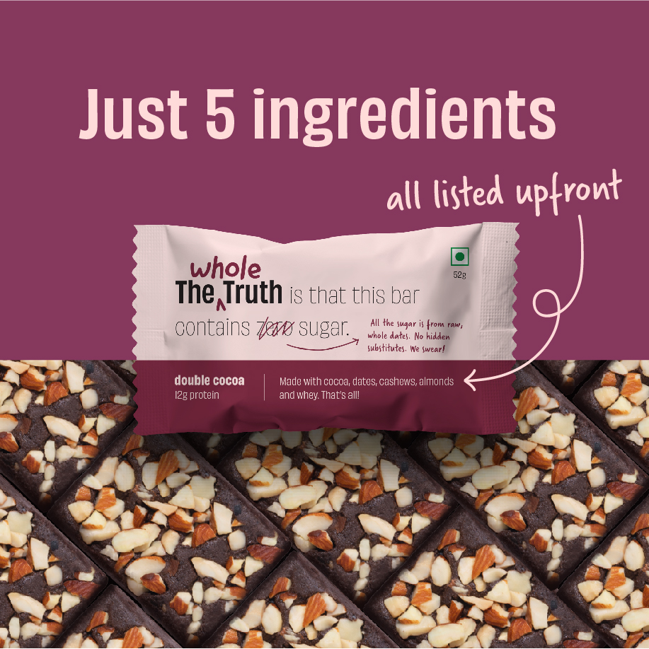 The Whole Truth - Protein Bars | Double Cocoa | Pack of 6 x 52g each | No Preservatives | No Artificial Sweeteners | No Gluten or Soy | All Natural Ingredients