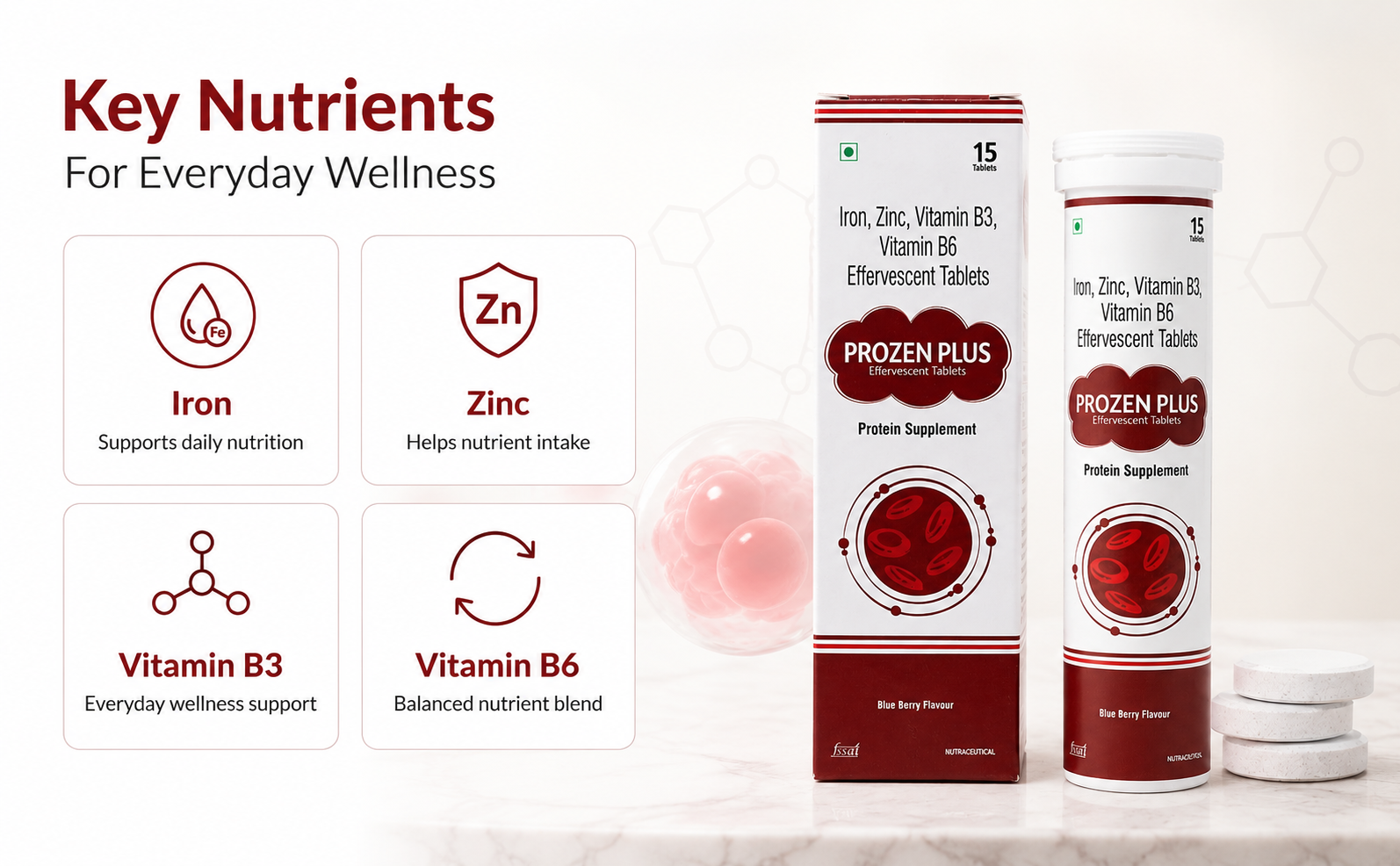 Prozen Plus Effervescent Tablets | Iron, Zinc, Vitamin B3 & Vitamin B6 | Blue Berry Flavour Fizzy Wellness Drink | Daily Nutritional Support | 15 Tablets
