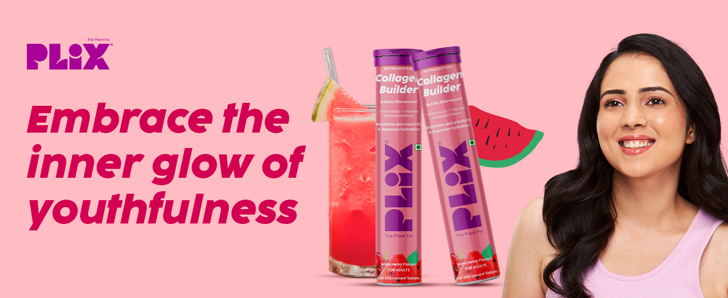 PLIX - THE PLANT FIX Collagen Builder Bubbly Effervescent-15 Capsules (Pack Of 4,Watermelon) For Hydrated Skin & Anti-Aging|Amino Acid Blend For Collagen Production|Vitamin C & E|100% Vegan,4 Count