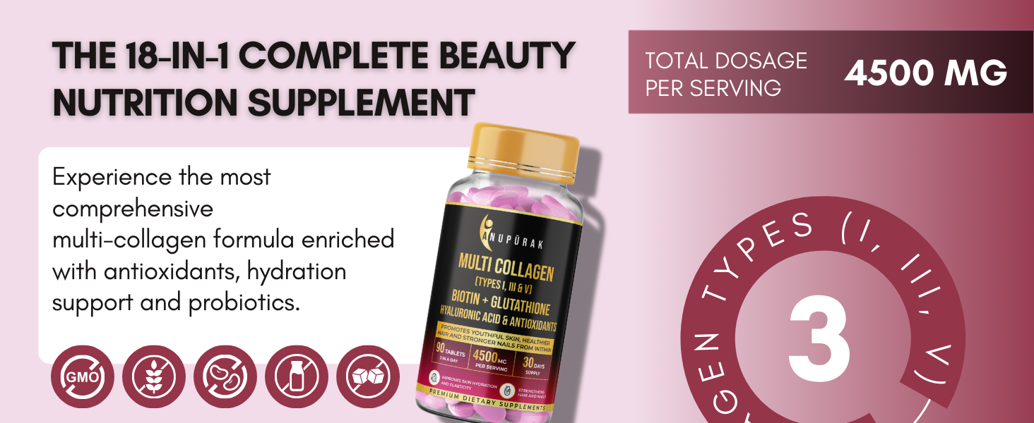 Multi Collagen Complex Tablets — 3000mg · Types I, III & V | 18 Actives: Reduced Glutathione, Hyaluronic Acid, Astaxanthin & Biotin | Skin, Hair & Nail Daily Beauty Nutrition | 90 Tablets (30 Days)