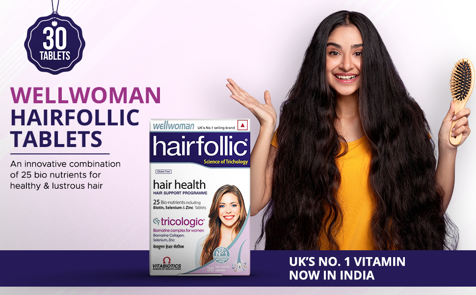Wellwoman Hairfollic supplements with Advanced Hair Nutrition formula for Women with Biomarine collagen complex,Biotin &Zinc that support hair growth & maintain healthy hair|30 Nonveg tablet,200 grams