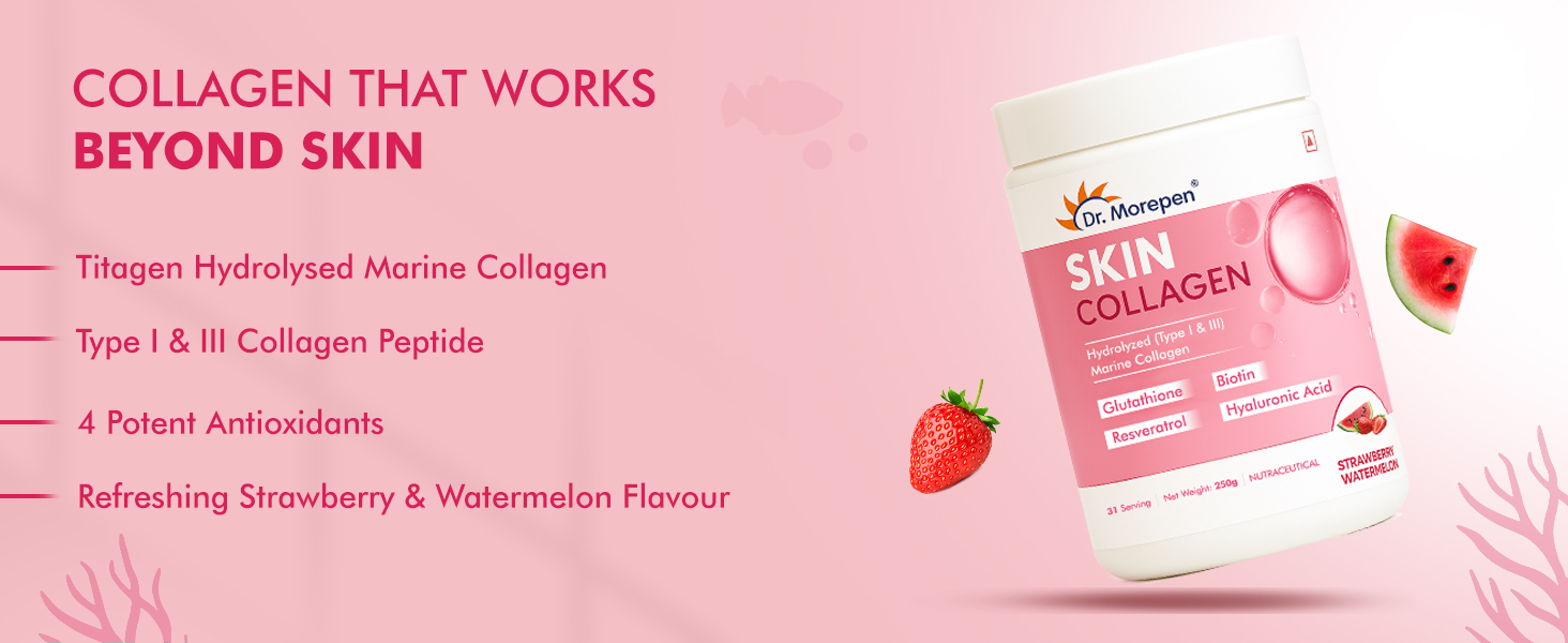 DR. MOREPEN Skin Collagen Powder with Glutathione, Hyaluronic Acid, Resveratrol & Biotin for Skin, Hair & Joint Support, Strawberry Watermelon Flavour, 31 Servings – 250g