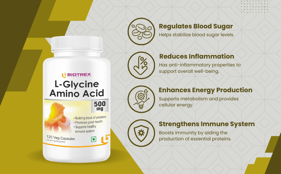 Biotrex Nutraceuticals L-Glycine Amino Acid 500mg Supplement, Supports healthy sleep & immune system, Supports Brain Health 120 Veg. Capsules