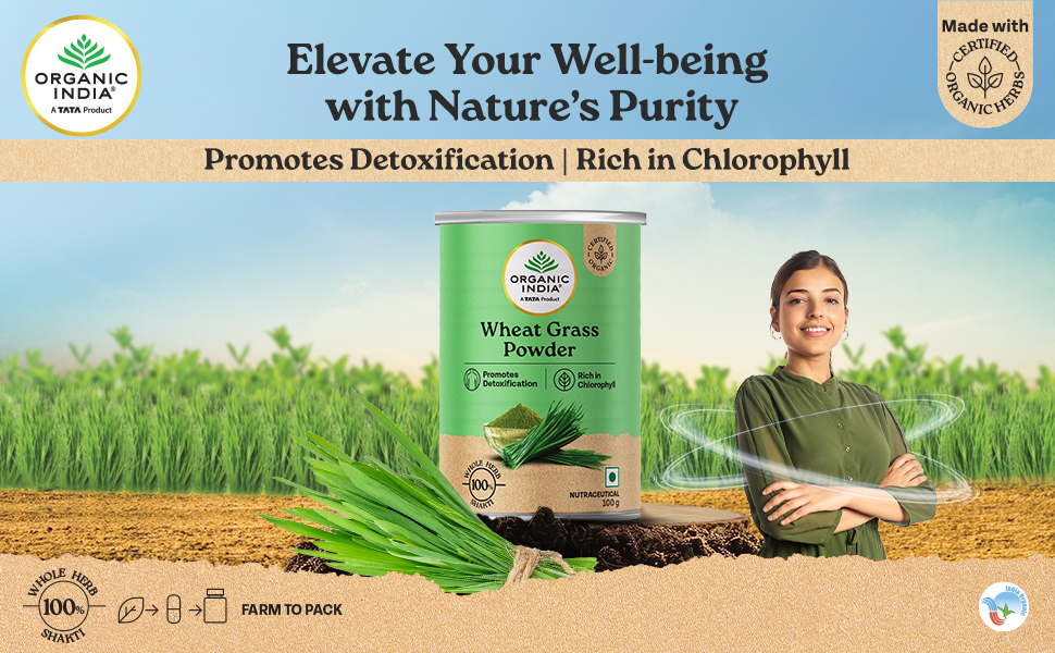 A TATA Product - Organic India Wheat Grass - 100g, Supports Immunity & Boosts Stamina, Rich in Natural Antioxidants, Vitamins & Minerals, For Detox, Overall Well-Being, GMP & NPOP Certified Organic
