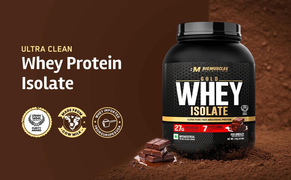 Bigmuscles Nutrition Gold Whey Isolate (2kg, Rich Chocolate) | 27g Whey Protein Isolate 90% | 7 Natural Ingredients Only | 0 Added Sugar | Clean Label Project Purity Award USA