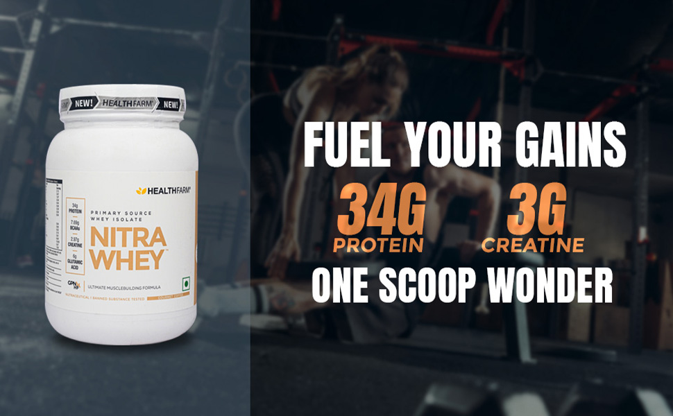 Healthfarm Nitra Whey Protein | 34g Protein Per Serving & 3g Added Creatine | Blend of Isolate & Concentrate Protein (Belgian Chocolate, 2kg)