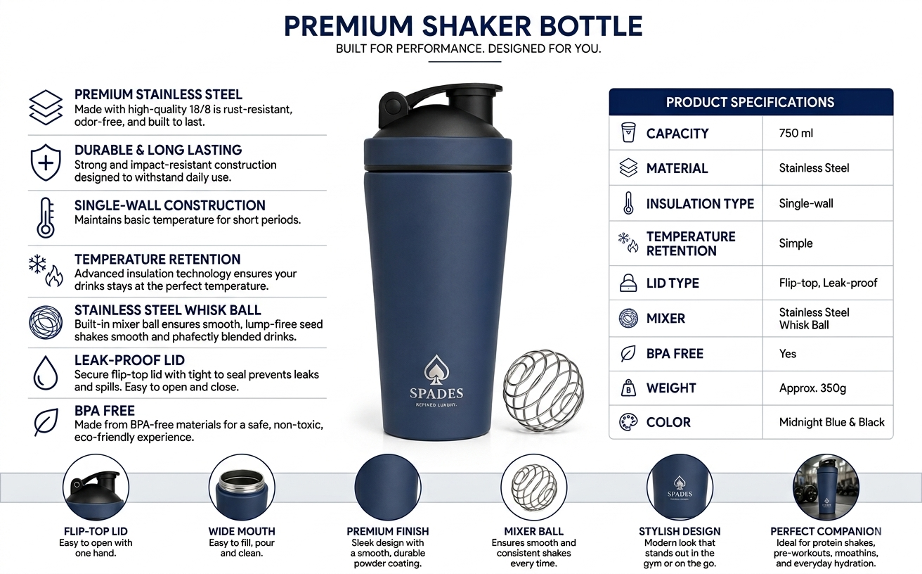 SPADES 750ml Stainless Steel Protein Shaker Bottle with Mixing Ball | Leak Proof Gym Shaker for Protein & Pre Workout Drinks gym bottle shaker for gym (Blue)