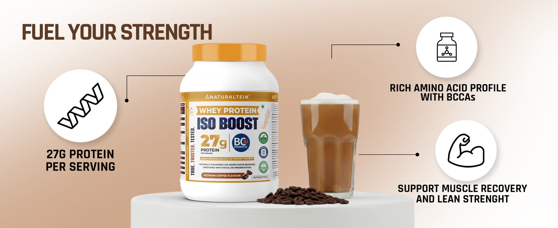 NATURALTEIN Whey Protein ISO Boost – 27g Protein per Serving | Isolate-Dominated Whey Blend (Isolate + Concentrate) | Refreshing Coffee Flavour | Stevia Sweetened | No Added Sugar | Easy Mixability