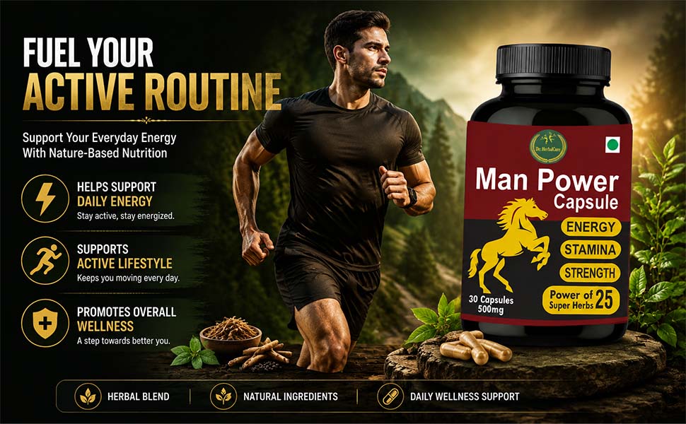 Dr. Playmore Herbal Man Power Capsules | Men’s Energy & Stamina Booster with 25 Ayurvedic Herbs | 30 Capsules