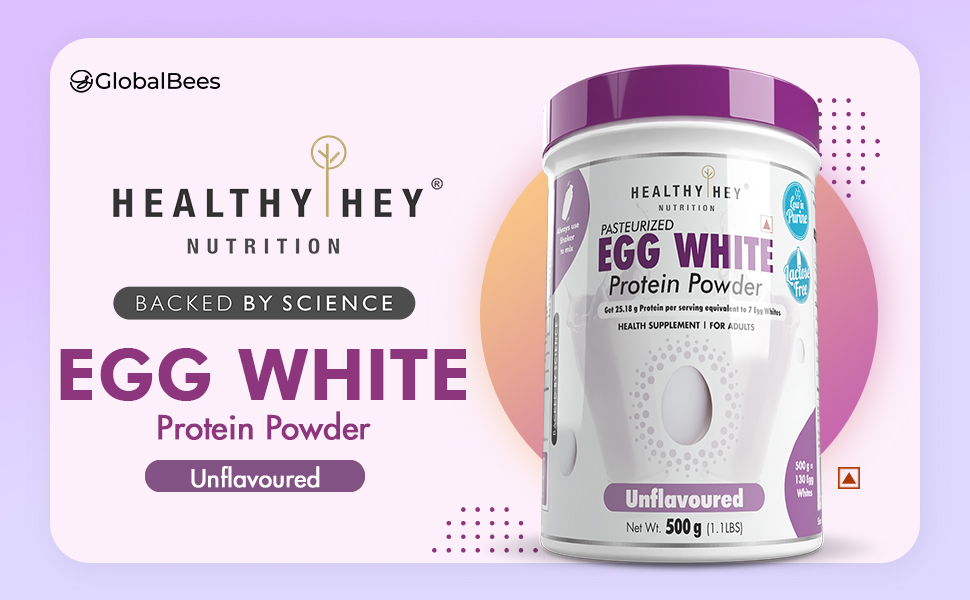 HealthyHey Nutrition 100% Egg White Protein - Low in purine - Instant Mix - 80% Protein - Non GMO & Lactose Free - 500g (Unflavoured), 16 Servings