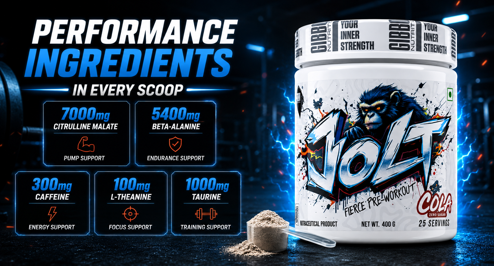 GIBBON JOLT Fierce Pre-Workout 400g 25 Servings | 7000mg Citrulline, 5400mg Beta-Alanine, 300mg Caffeine, 1000mg Taurine | Zero Sugar, Vegetarian, Gluten Free | Guava Flavour