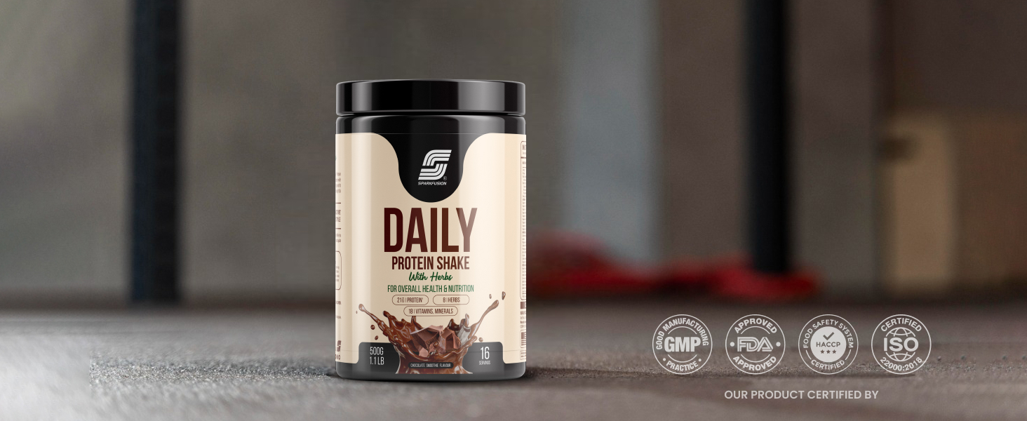 Sparkfusion Daily Protein Shake With Hebrs | 21 Gm Protein With 8 Hebrs | For Men & Women | Chocolate Smoothie Flavour 500 Gm