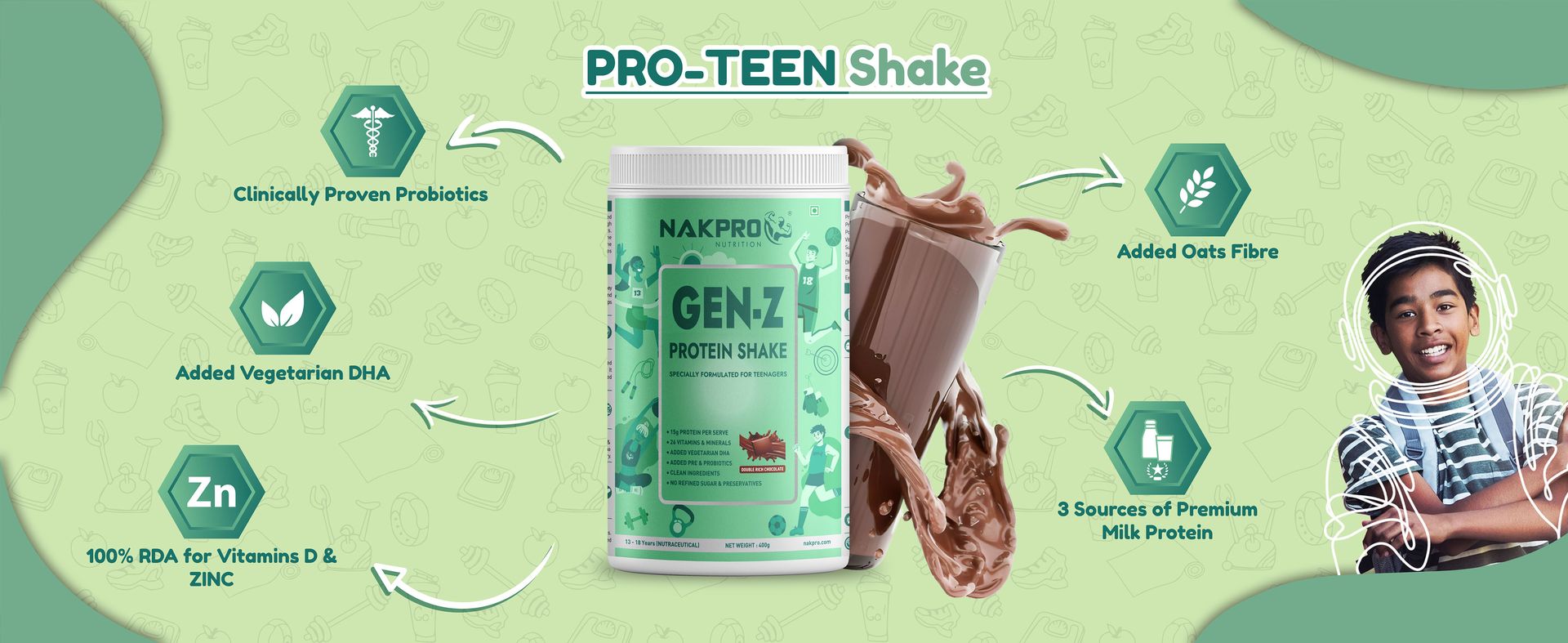 NAKPRO GenZ Protein Powder for Teens (13+), 15g Protein, Double Rich Chocolate - 400g | Vitamins & Minerals, Supports Immunity, Strong Bones & Height