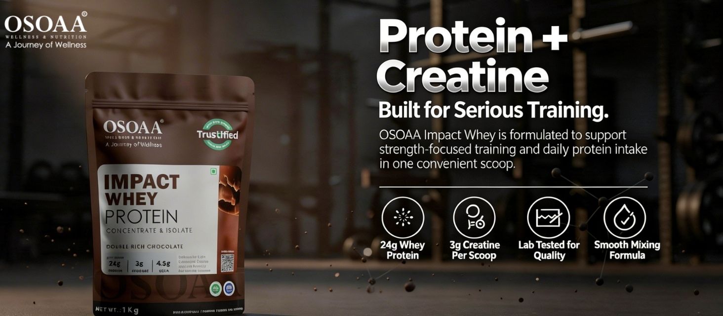 OSOAA Impact Whey Protein 1kg -Double Rich Chocolate | Isolate & Concentrate | 24g Protein & 3g Creatine with 5X Digestive Enzymes | Trustified Certified & NABL Lab Tested