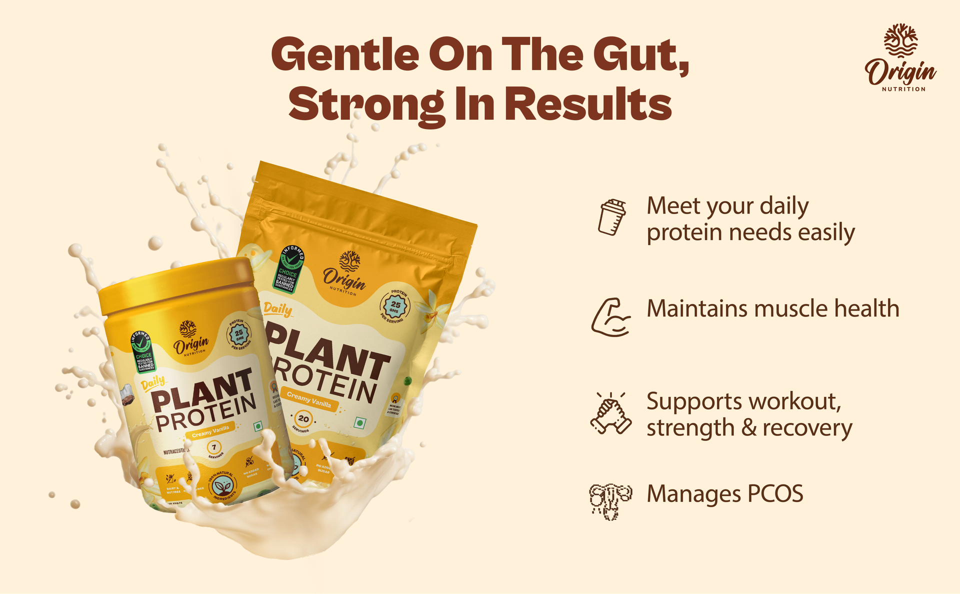 Origin Nutrition 100% Natural Plant Based Protein Powder, Chocolate Flavour with 25g per serve Plant Based Protein, Gluten Free, Dairy Free, No Added Sugar, Soy Free, Non - GMO, Jain, 7 Servings, 283g