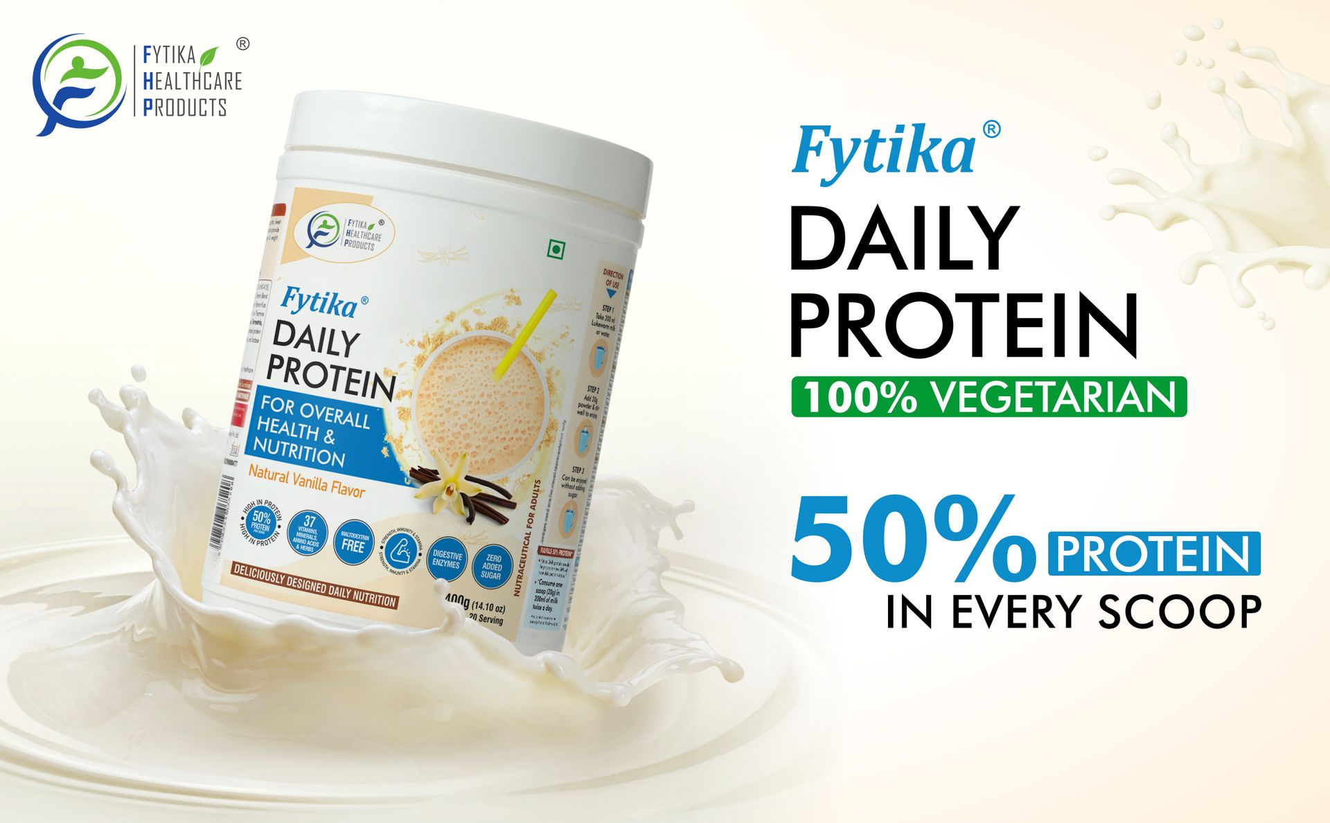 Fytika Daily Protein-400g (Pack of 1, Vanila) | Complete Nutrition Drink for Adults with 37 Essential Vitamins & Minerals | 50% Protein Per Serve | High Protein Drink for Men & Women