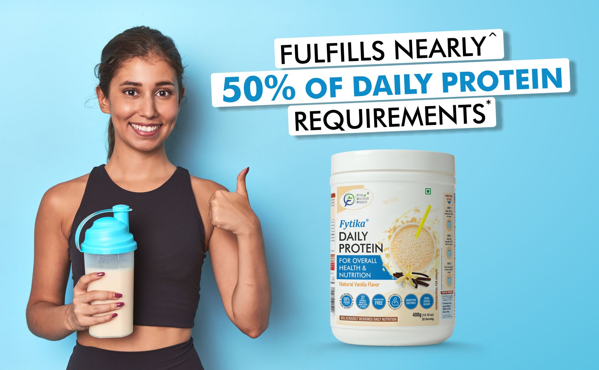Fytika Daily Protein-400g (Pack of 1, Vanila) | Complete Nutrition Drink for Adults with 37 Essential Vitamins & Minerals | 50% Protein Per Serve | High Protein Drink for Men & Women
